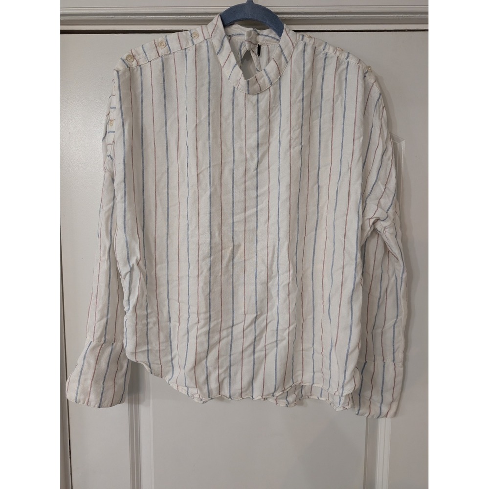 Free People Women White Striped Blouse Long Sleeve medium* patriotic career
